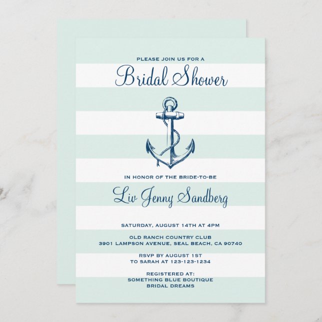 Navy Blue Anchor & Mint Stripes Bridal Shower Invitation (Front/Back)