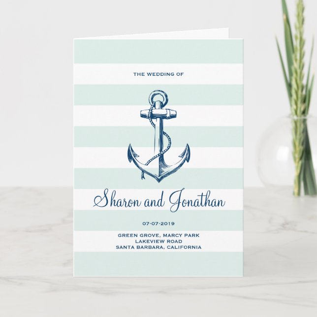Navy Blue Anchor & Mint Stripes Nautical Wedding Programme (Front)