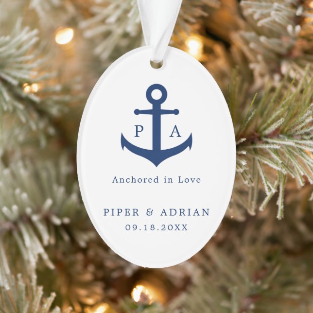 Navy Blue Anchor Monogram Nautical Newlywed Ornament (Tree)