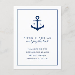 Navy Blue Anchor Monogram Nautical Save the Date Announcement Postcard