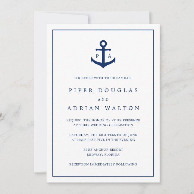 Navy Blue Anchor Monogram Nautical Wedding Invitation (Front)