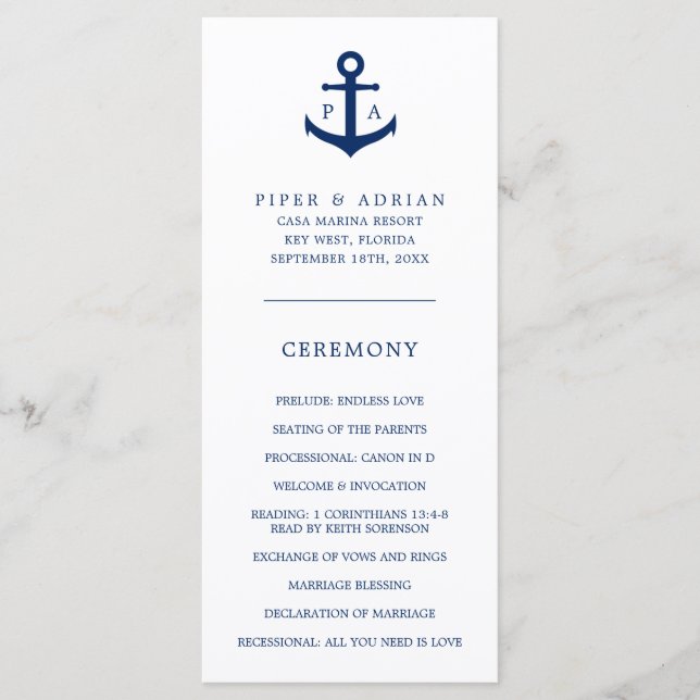 Navy Blue Anchor Monogram Nautical Wedding Programme (Front)