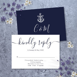 Navy Blue Anchor Monogram Nautical Wedding RSVP Card