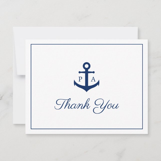 Navy Blue Anchor Monogram Nautical Wedding Thank You Card (Front)