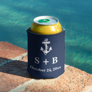 Navy Blue Anchor Nautical Beach Ocean Wedding Can Cooler