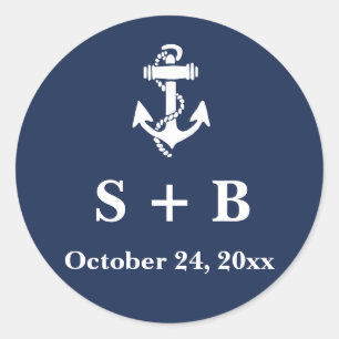 Navy Blue Anchor Nautical Beach Ocean Wedding  Classic Round Sticker