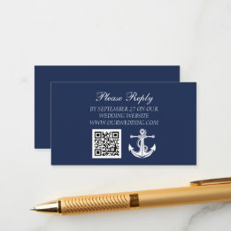 Navy Blue Anchor Nautical Beach QR Code Wedding Enclosure Card