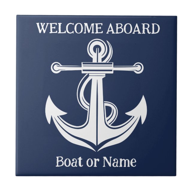 Navy Blue Anchor Nautical Beach Vintage Tile (Front)