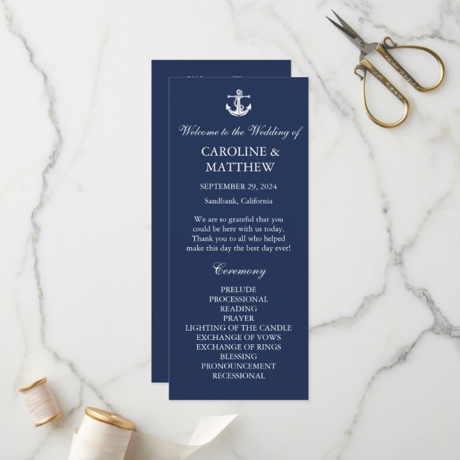 Navy Blue Anchor Nautical Elegant Modern Wedding  Programme (Front/Back In Situ)