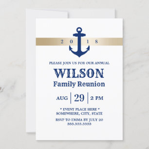 Navy Blue Anchor Nautical Family Reunion Invitation