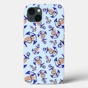 Navy Blue Anchor Nautical Floral Light Blue iPhone 13 Case