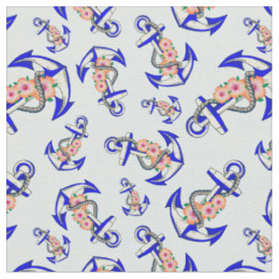 Navy Blue Anchor Nautical Floral Light Blue Fabric