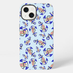 Navy Blue Anchor Nautical Floral Light Blue iPhone 13 Case
