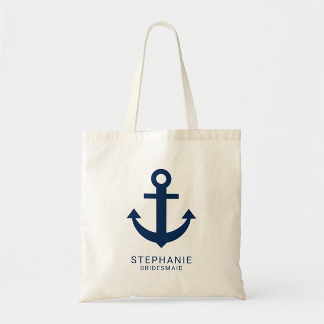 Navy Blue Anchor Nautical Personalised Bridesmaid Tote Bag (Front)
