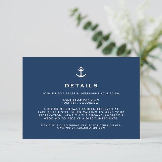 Navy Blue Anchor Nautical Wedding Details Enclosure Card (Standing Front)