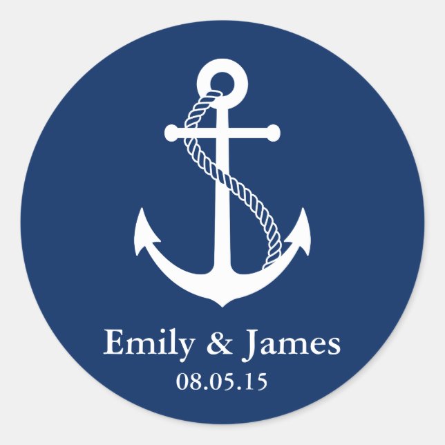 Navy Blue Anchor Nautical Wedding Favour Classic Round Sticker (Front)