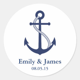 Navy Blue Anchor Nautical Wedding Favour Classic Round Sticker