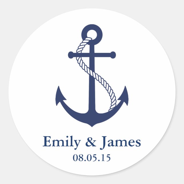 Navy Blue Anchor Nautical Wedding Favour Classic Round Sticker (Front)