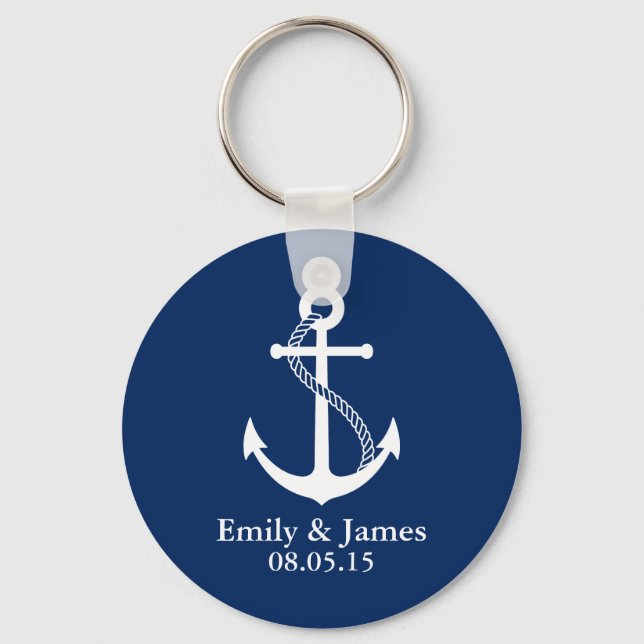 Navy Blue Anchor Nautical Wedding Favour Key Ring (Front)
