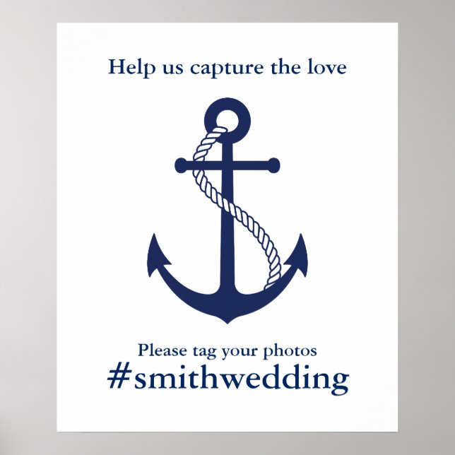 Navy Blue Anchor Nautical Wedding Hashtag Poster (Front)
