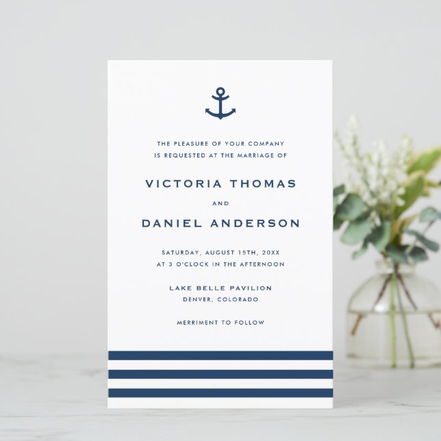 Navy Blue Anchor Nautical Wedding Invitation (Standing Front)