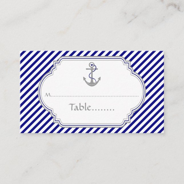 Navy blue anchor nautical wedding place card (Front)