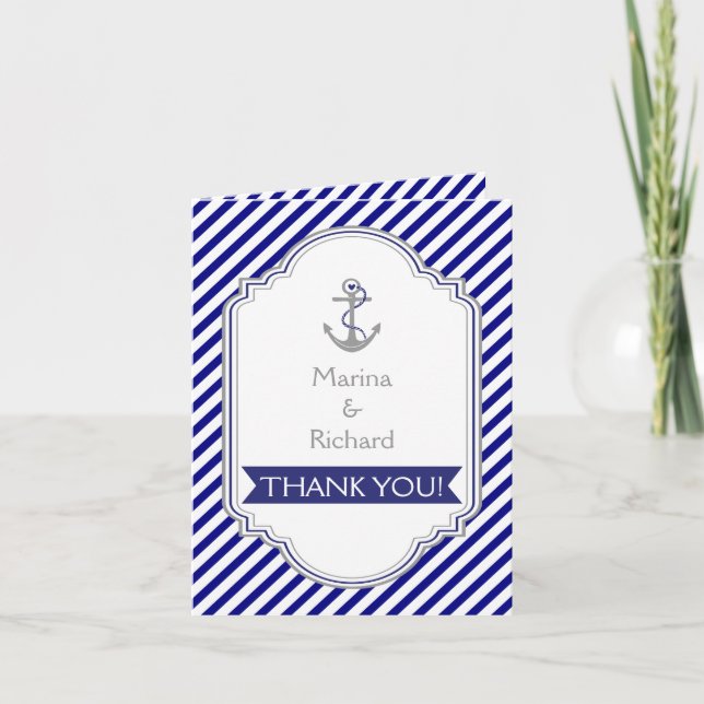 Navy blue anchor nautical wedding Thank You Card (Front)