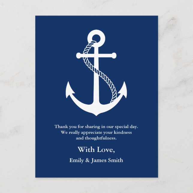 Navy Blue Anchor Nautical Wedding Thank You Postcard (Front)