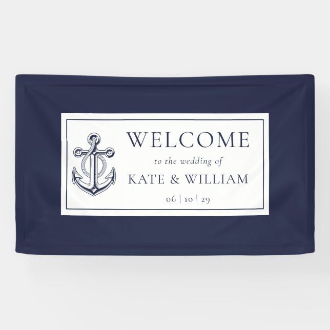 Navy Blue Anchor Nautical Wedding Welcome Banner (Horizontal)