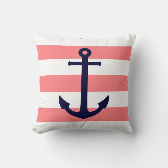Navy Blue Anchor On Flamingo Pink Stripes Cushion (Front)