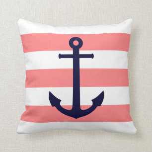 Navy Blue Anchor On Flamingo Pink Stripes Cushion