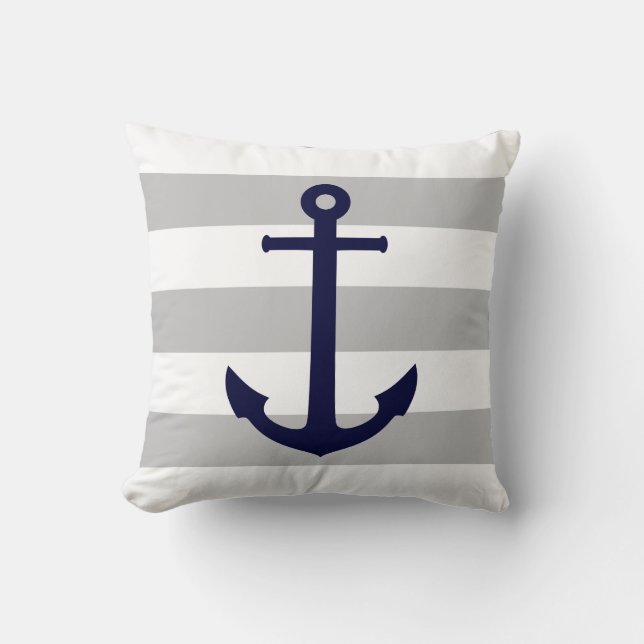Navy Blue Anchor On Gray And White Stripes Cushion (Front)