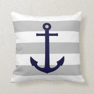 Navy Blue Anchor On Gray And White Stripes Cushion