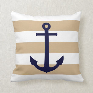 Navy Blue Anchor On Tan And White Stripes Cushion