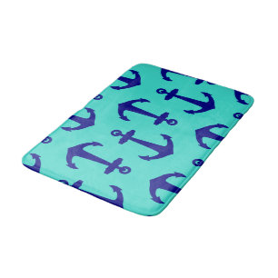Navy Blue Anchor On Turquoise Coastal Decor Bath Mat