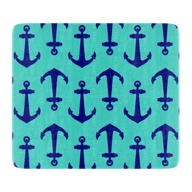 Navy Blue Anchor On Turquoise Coastal Decor Cutting Board (Front)