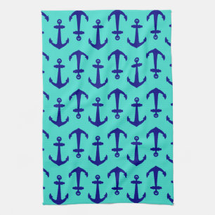 Navy Blue Anchor On Turquoise Coastal Decor Tea Towel