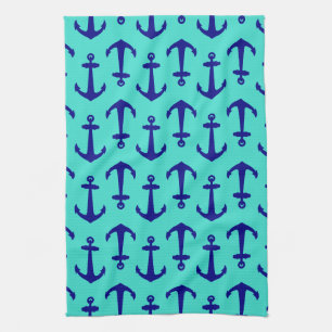Navy Blue Anchor On Turquoise Coastal Decor Tea Towel