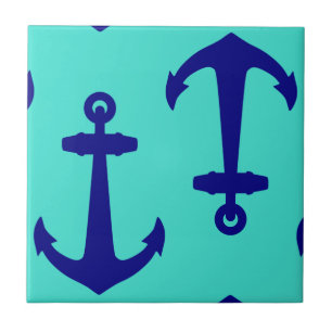 Navy Blue Anchor On Turquoise Coastal Decor Tile