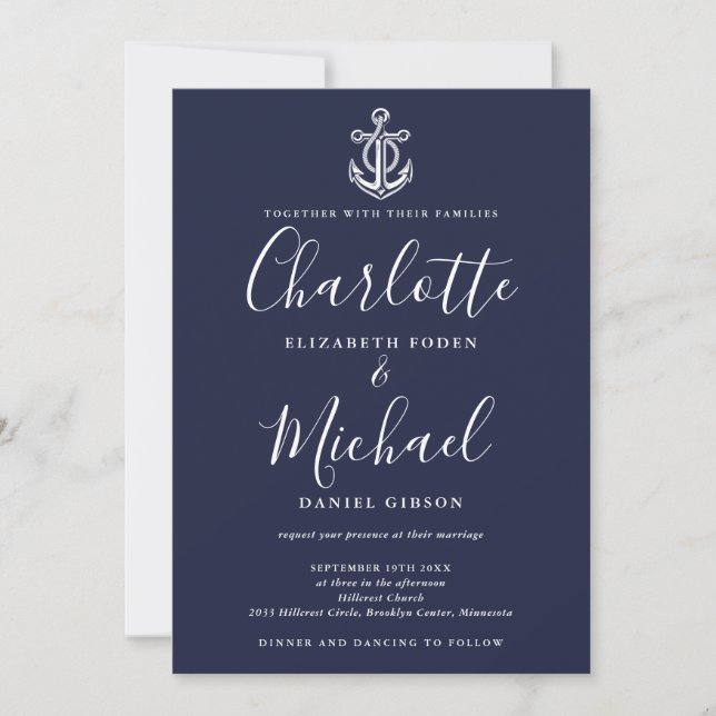 Navy Blue Anchor QR Code Nautcial Wedding Invitation (Front)