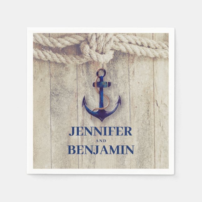 Navy Blue Anchor Rustic Driftwood Nautical Wedding Napkin (Front)