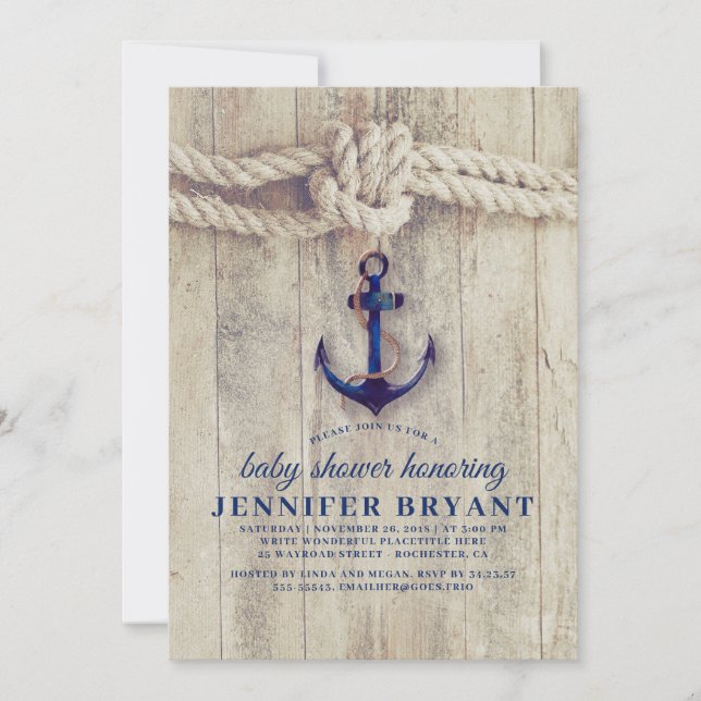 Navy Blue Anchor Rustic Nautical Baby Shower Invitation (Front)