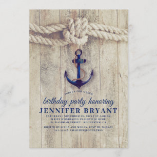 Navy Blue Anchor Rustic Nautical Birthday Invitation