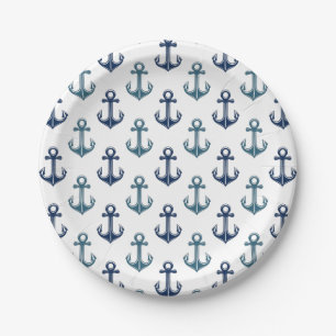 Navy Blue Anchor Sailing Two-Tone Nautical Paper Plate