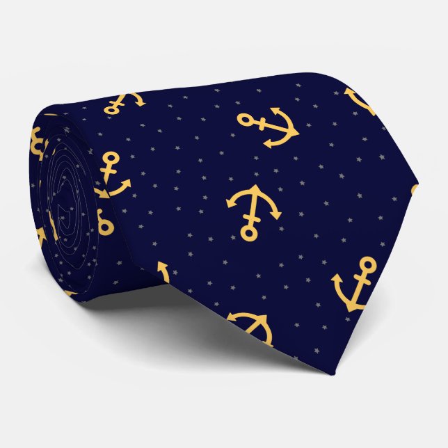 Navy Blue Anchor Star Men's Work, Professional Tie (Rolled)