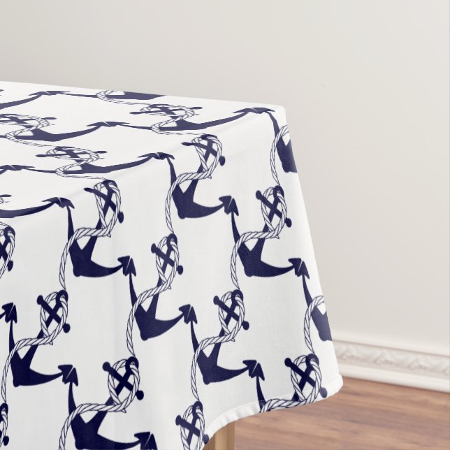 Navy Blue Anchor W/Rope on White Tablecloth (In Situ)