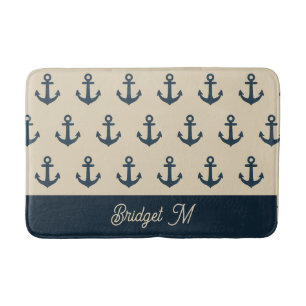navy blue Anchor with Monogram Beige Coastal Bath Mat