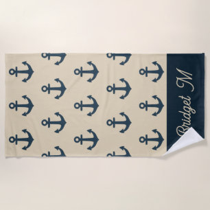 navy blue Anchor with Monogram Beige Coastal Beach Towel