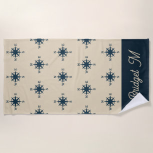 navy blue Anchor with Monogram Beige Coastal  Beach Towel