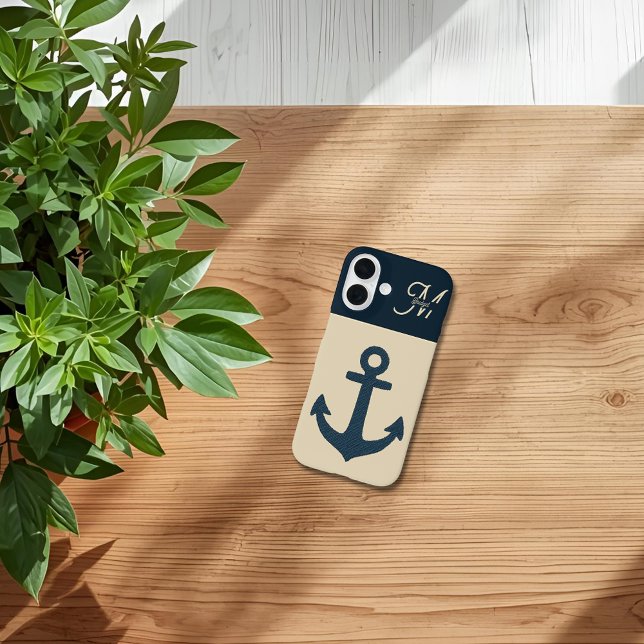 navy blue Anchor with Monogram Beige Coastal Case-Mate iPhone Case (Creator Uploaded)